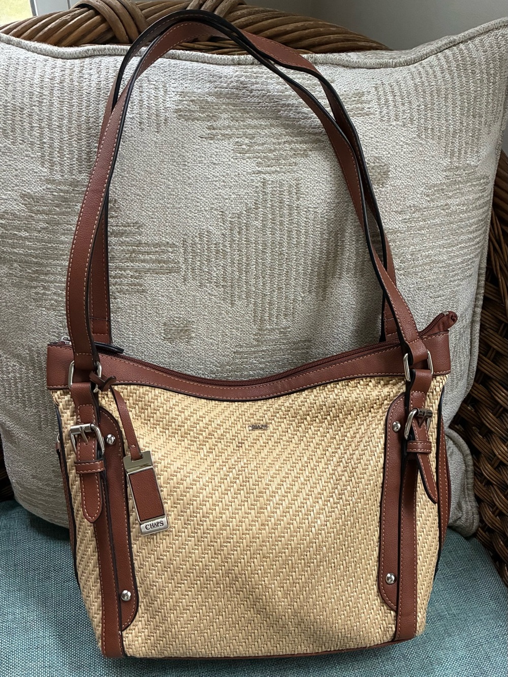 Chaps Natural Straw Shoulder Bag with Brown Trim
